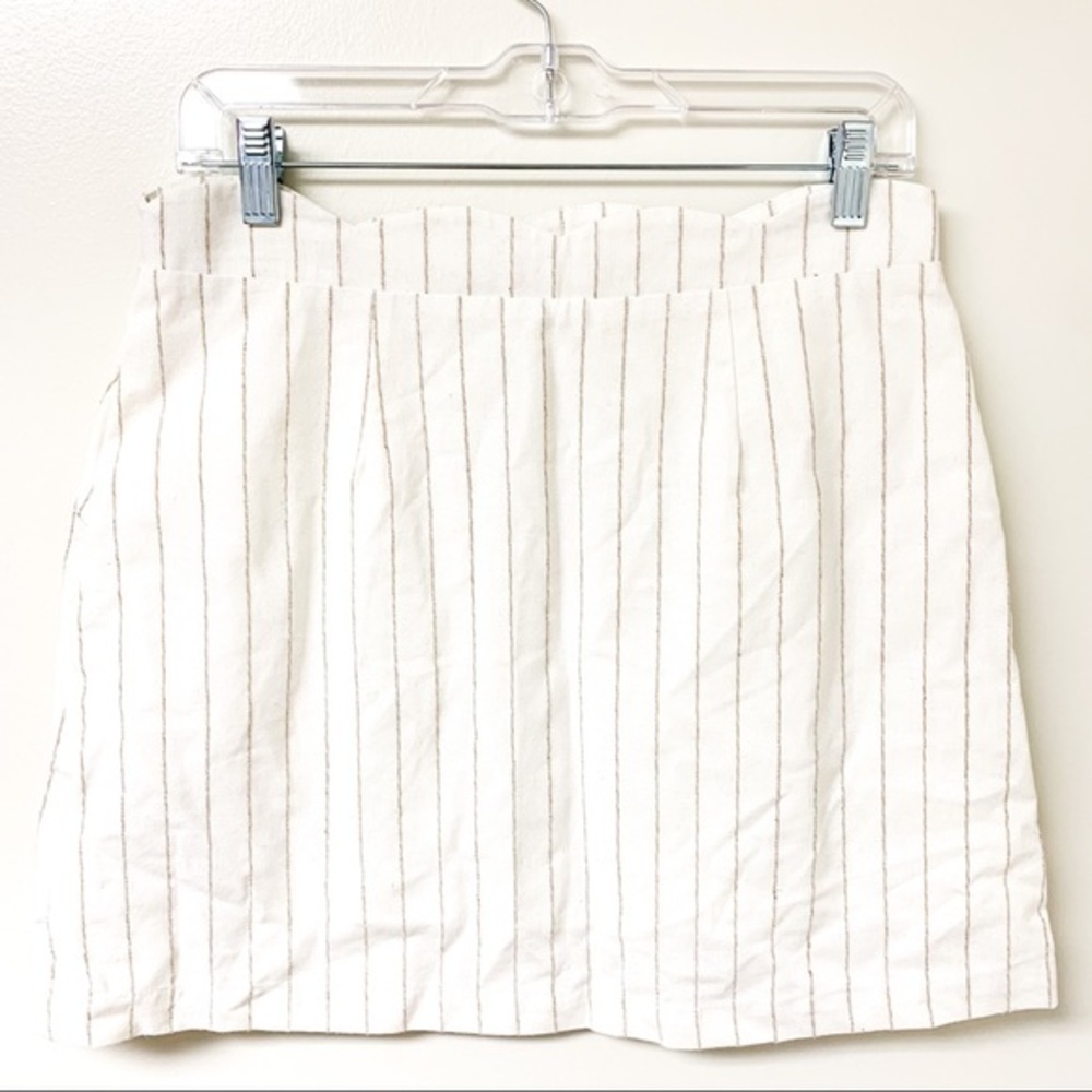 Altar’d State White Cotton Linen Stripes Skirt With Scallop Trim Button Detail - Picture 2 of 7